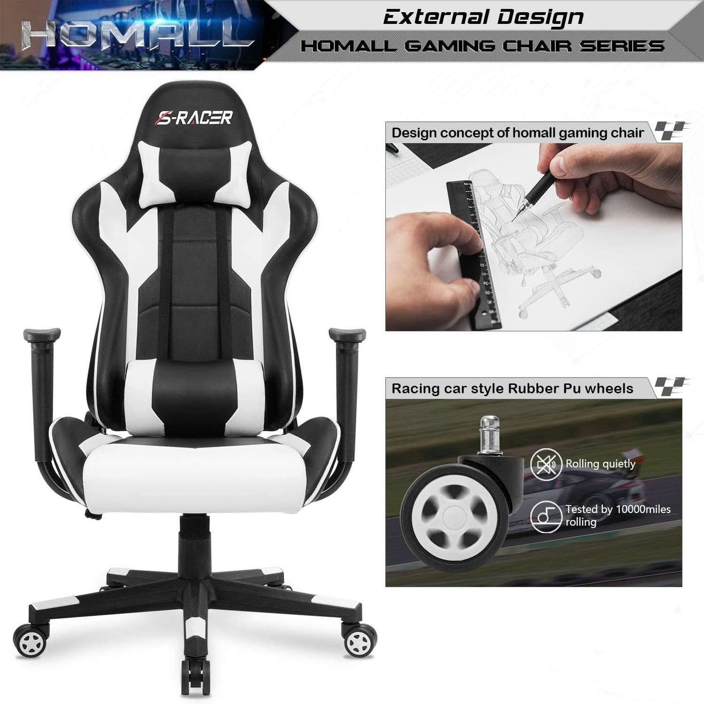White Leather Ergonomic Gaming Chair With Lumbar Support-4