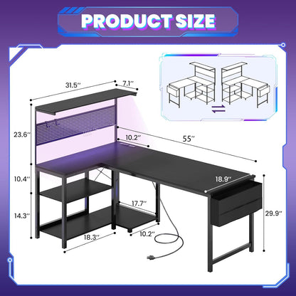 FiftyFiveInch L Shaped Gaming Desk Featuring Pegboard