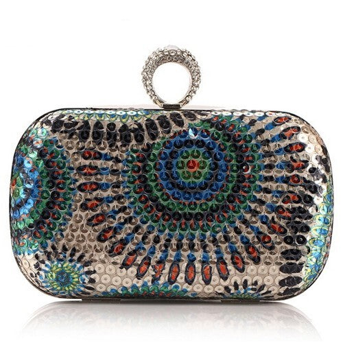 Peacock Feather Inspired Glistening Sequins Women Fashion Evening Handbag - Colorful Blue