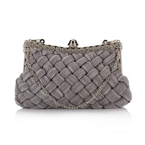 Weaving Threads Pattern with Rhinestone Floral Decorations Fashion Evening Handbag/ Shoulder Bag - Gray