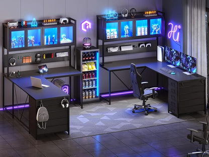 L Shaped Gaming Desk with Storage Drawers and Lights