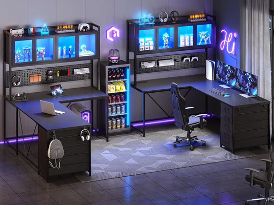 L Shaped Gaming Desk with Storage Drawers and Lights
